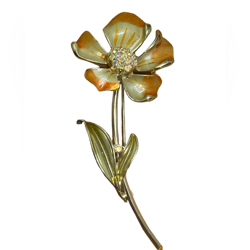 Vintage BSK Flower Enamel Brooch with AB Rhinestone Center